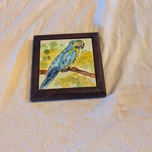 2/20$ Blue Parrot Ceramic Tile with Wooden Frame - Pets Bird